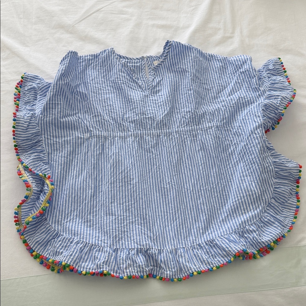 Mini Boden Striped Blue Beach Cover Up with Colorful Pom Trim